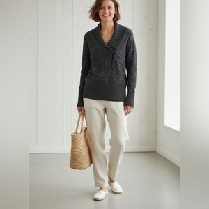 Roxy Sweater Grey Marled knit wrap style Collar large button Coastal Old money